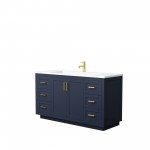 60 Inch Single Bathroom Vanity in Dark Blue, 1.25 Inch Thick White Solid Surface Countertop, Sink, Gold Trim