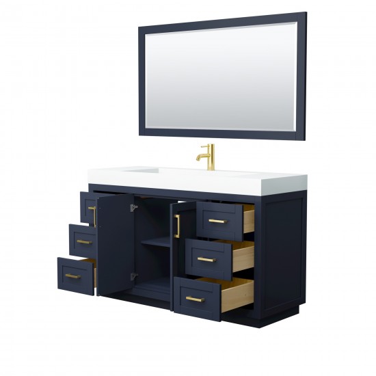 60 Inch Single Bathroom Vanity in Dark Blue, 4 Inch Thick White Solid Surface Countertop, Sink, Gold Trim, 58 Inch Mirror