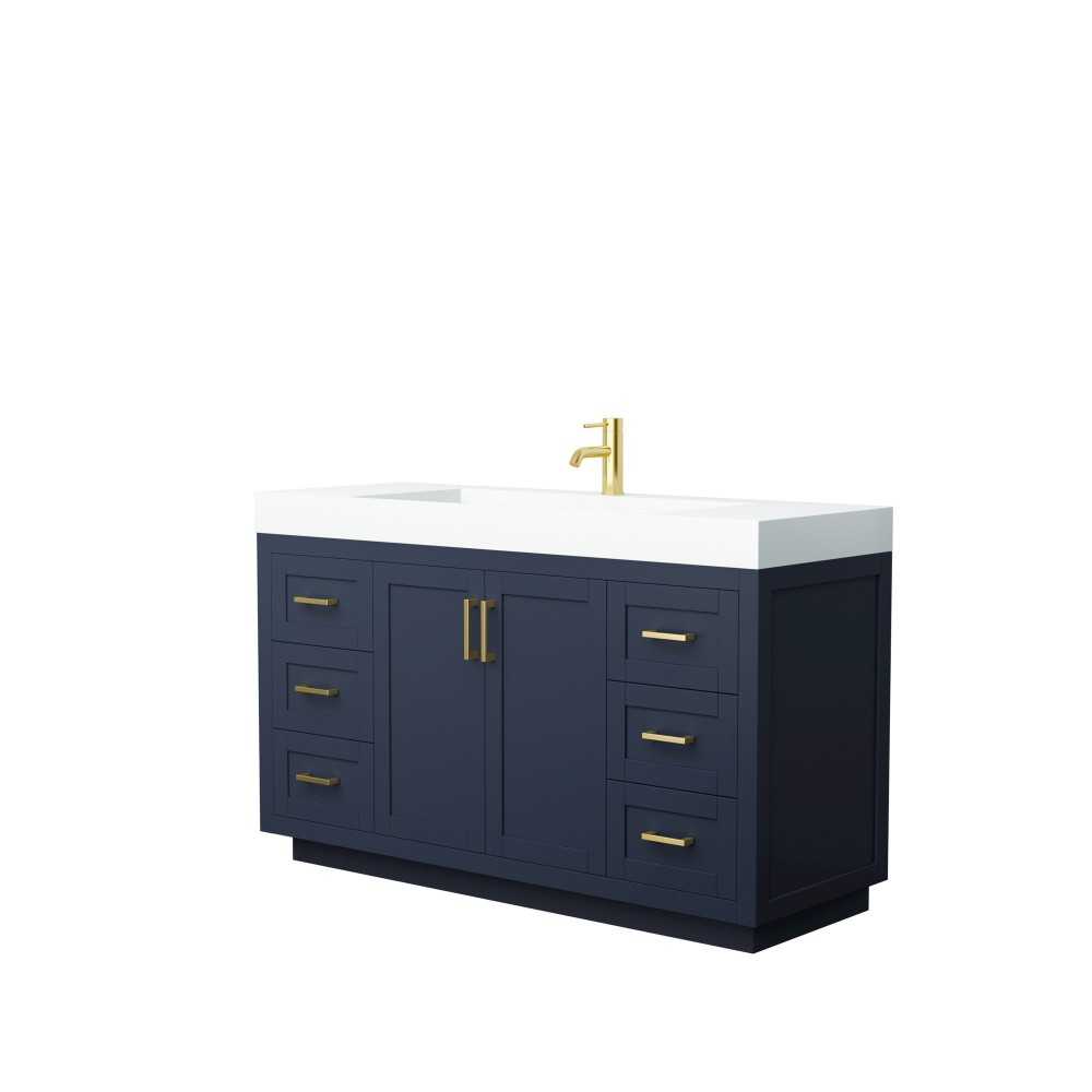 60 Inch Single Bathroom Vanity in Dark Blue, 4 Inch Thick White Solid Surface Countertop, Sink, Gold Trim