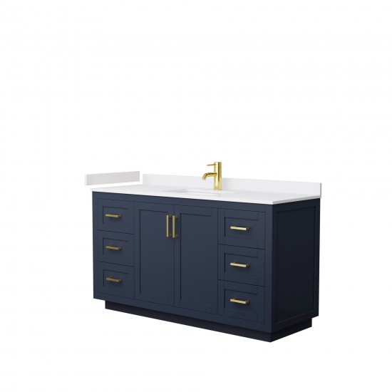 60 Inch Single Bathroom Vanity in Dark Blue, White Cultured Marble Countertop, Sink, Gold Trim