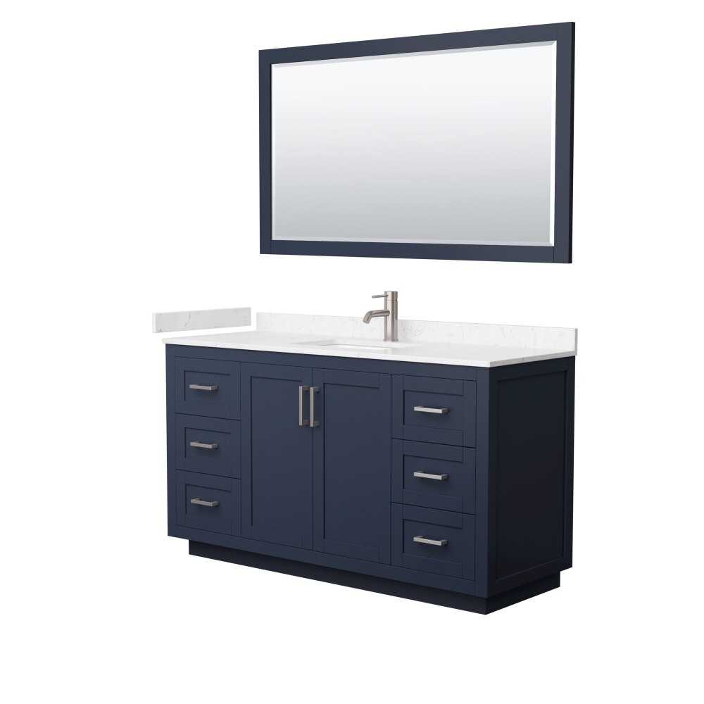 60 Inch Single Bathroom Vanity in Dark Blue, Light-Vein Carrara Cultured Marble Countertop, Sink, Nickel Trim, 58 Inch Mirror