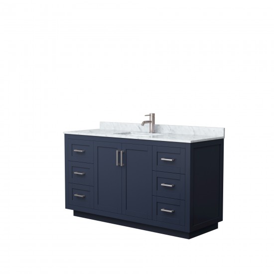 60 Inch Single Bathroom Vanity in Dark Blue, White Carrara Marble Countertop, Sink, Nickel Trim