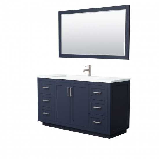 60 Inch Single Bathroom Vanity in Dark Blue, 1.25 Inch Thick White Solid Surface Countertop, Sink, Nickel Trim, 58 Inch Mirro