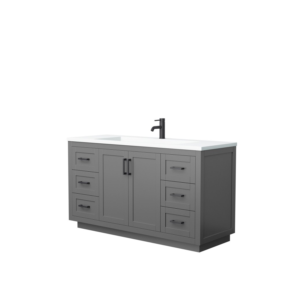 60 Inch Single Bathroom Vanity in Dark Gray, 1.25 Inch Thick White Solid Surface Countertop, Sink, Black Trim 60 Inch Single Bathroom Vanity in Dark Gray, 1.25 Inch Thick White Solid Surface Countertop, Sink, Black Trim