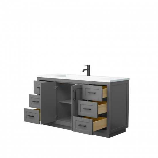 60 Inch Single Bathroom Vanity in Dark Gray, 1.25 Inch Thick White Solid Surface Countertop, Sink, Black Trim