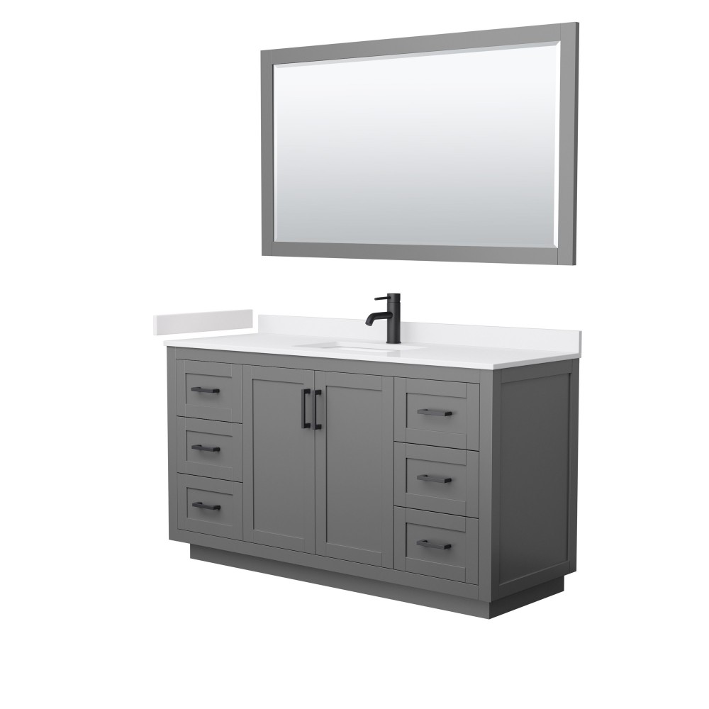 60 Inch Single Bathroom Vanity in Dark Gray, White Cultured Marble Countertop, Sink, Black Trim, 58 Inch Mirror