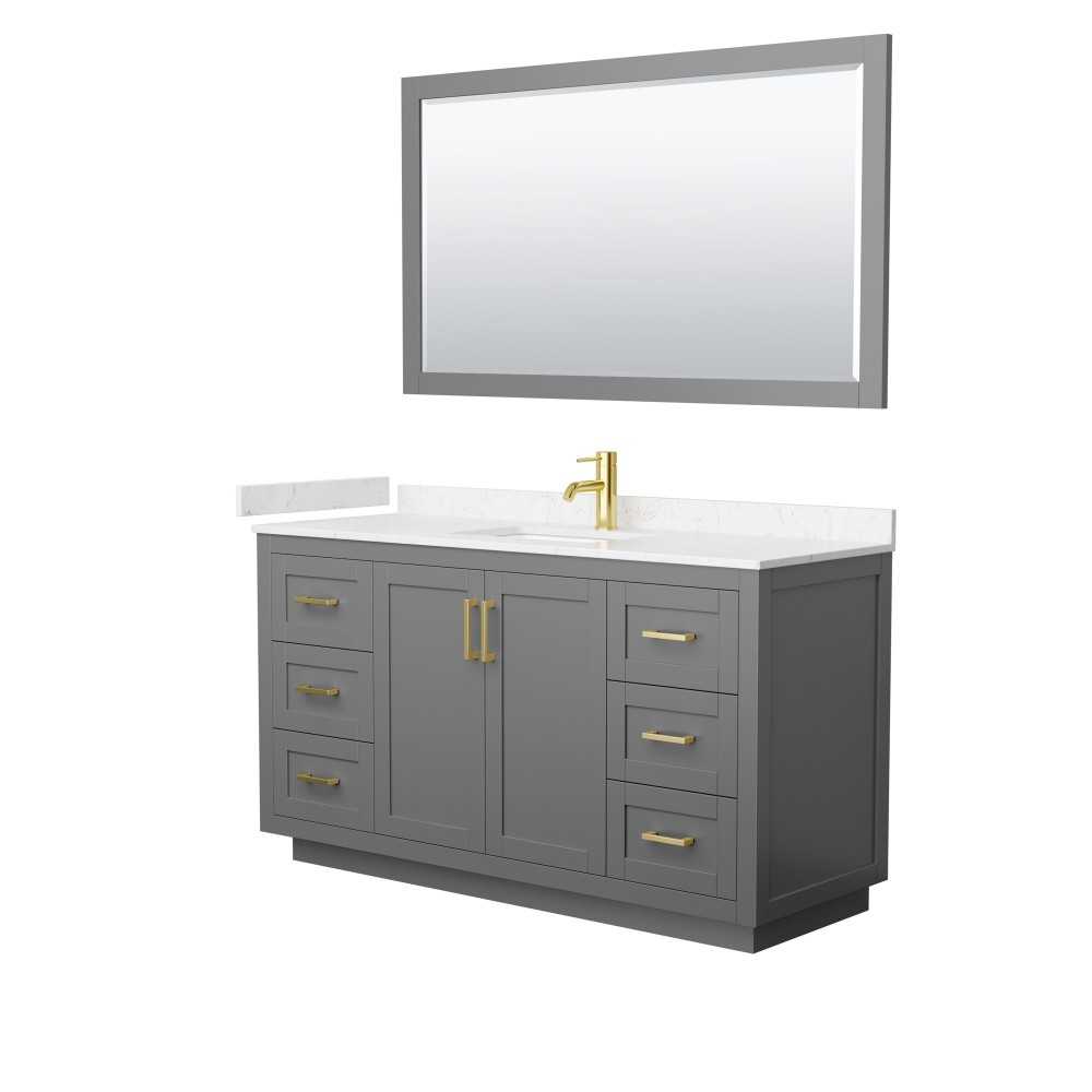 60 Inch Single Bathroom Vanity in Dark Gray, Light-Vein Carrara Cultured Marble Countertop, Sink, Gold Trim, 58 Inch Mirror