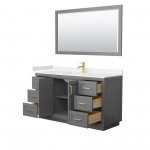 60 Inch Single Bathroom Vanity in Dark Gray, Light-Vein Carrara Cultured Marble Countertop, Sink, Gold Trim, 58 Inch Mirror