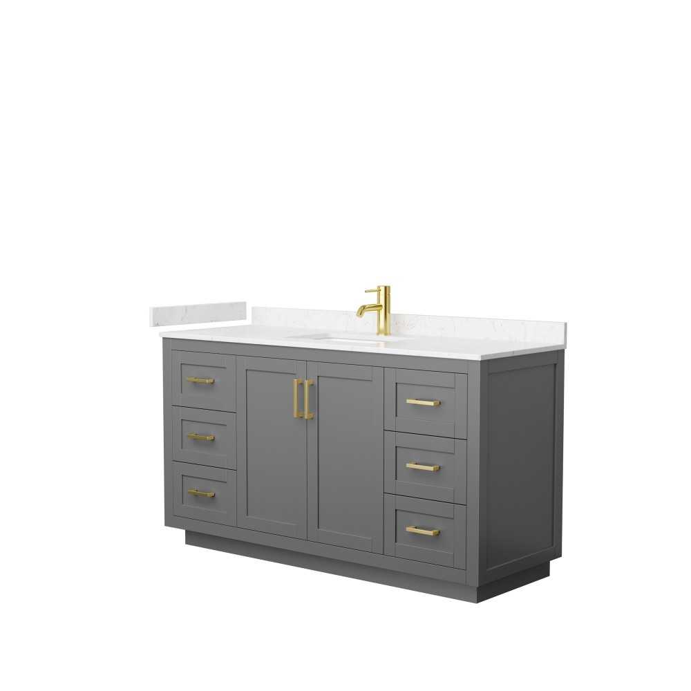 60 Inch Single Bathroom Vanity in Dark Gray, Light-Vein Carrara Cultured Marble Countertop, Sink, Gold Trim