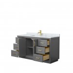 60 Inch Single Bathroom Vanity in Dark Gray, White Carrara Marble Countertop, Sink, Gold Trim