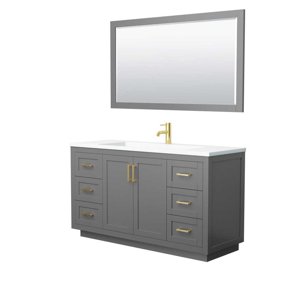 60 Inch Single Bathroom Vanity in Dark Gray, 1.25 Inch Thick White Solid Surface Countertop, Sink, Gold Trim, 58 Inch Mirror