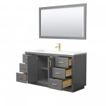 60 Inch Single Bathroom Vanity in Dark Gray, 1.25 Inch Thick White Solid Surface Countertop, Sink, Gold Trim, 58 Inch Mirror