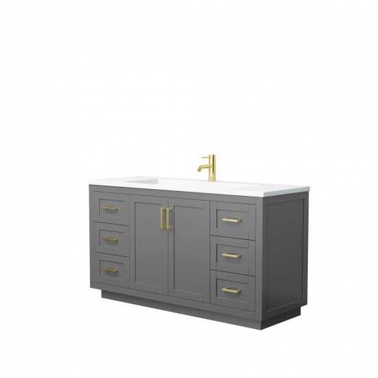 60 Inch Single Bathroom Vanity in Dark Gray, 1.25 Inch Thick White Solid Surface Countertop, Sink, Gold Trim