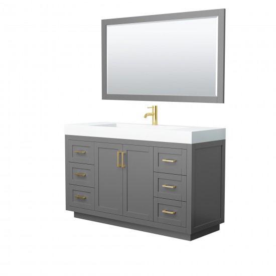 60 Inch Single Bathroom Vanity in Dark Gray, 4 Inch Thick White Solid Surface Countertop, Sink, Gold Trim, 58 Inch Mirror