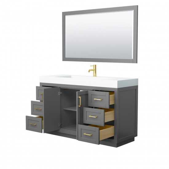 60 Inch Single Bathroom Vanity in Dark Gray, 4 Inch Thick White Solid Surface Countertop, Sink, Gold Trim, 58 Inch Mirror