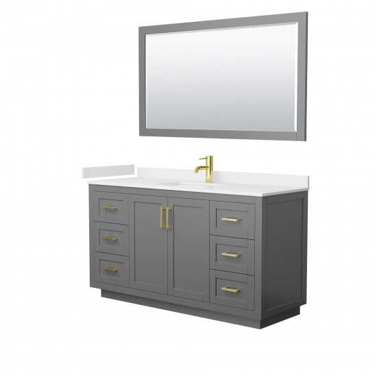 60 Inch Single Bathroom Vanity in Dark Gray, White Cultured Marble Countertop, Sink, Gold Trim, 58 Inch Mirror