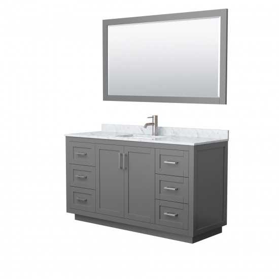 60 Inch Single Bathroom Vanity in Dark Gray, White Carrara Marble Countertop, Sink, Nickel Trim, 58 Inch Mirror