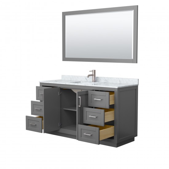 60 Inch Single Bathroom Vanity in Dark Gray, White Carrara Marble Countertop, Sink, Nickel Trim, 58 Inch Mirror