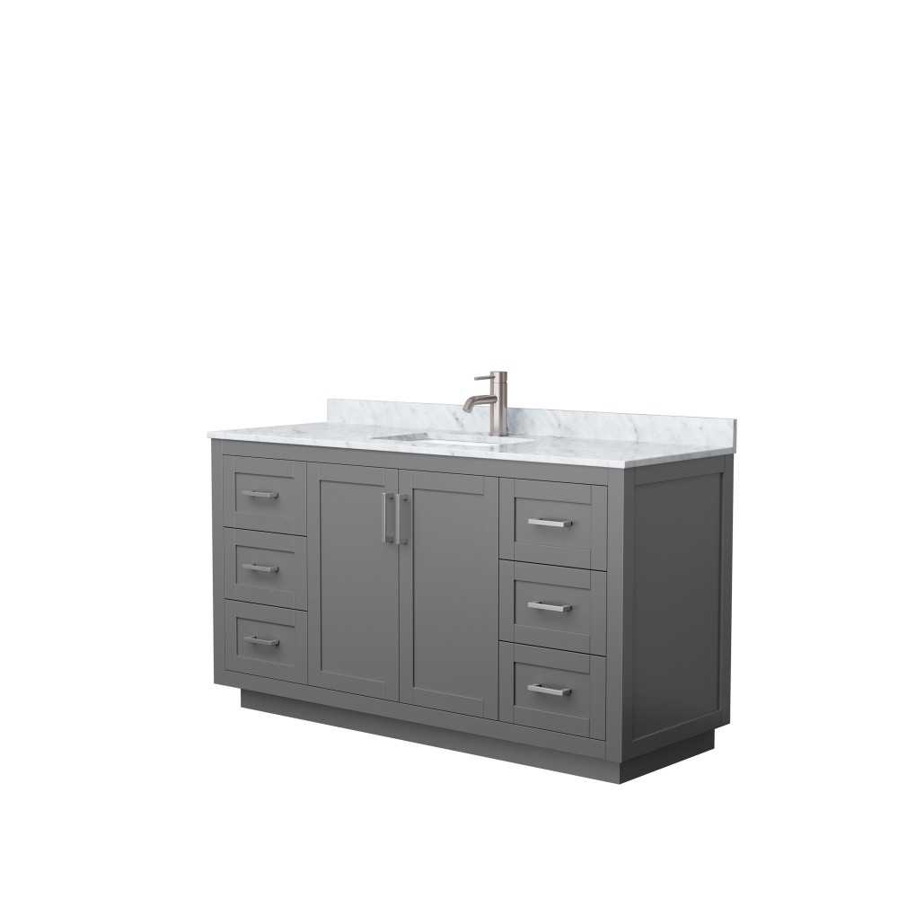 60 Inch Single Bathroom Vanity in Dark Gray, White Carrara Marble Countertop, Sink, Nickel Trim