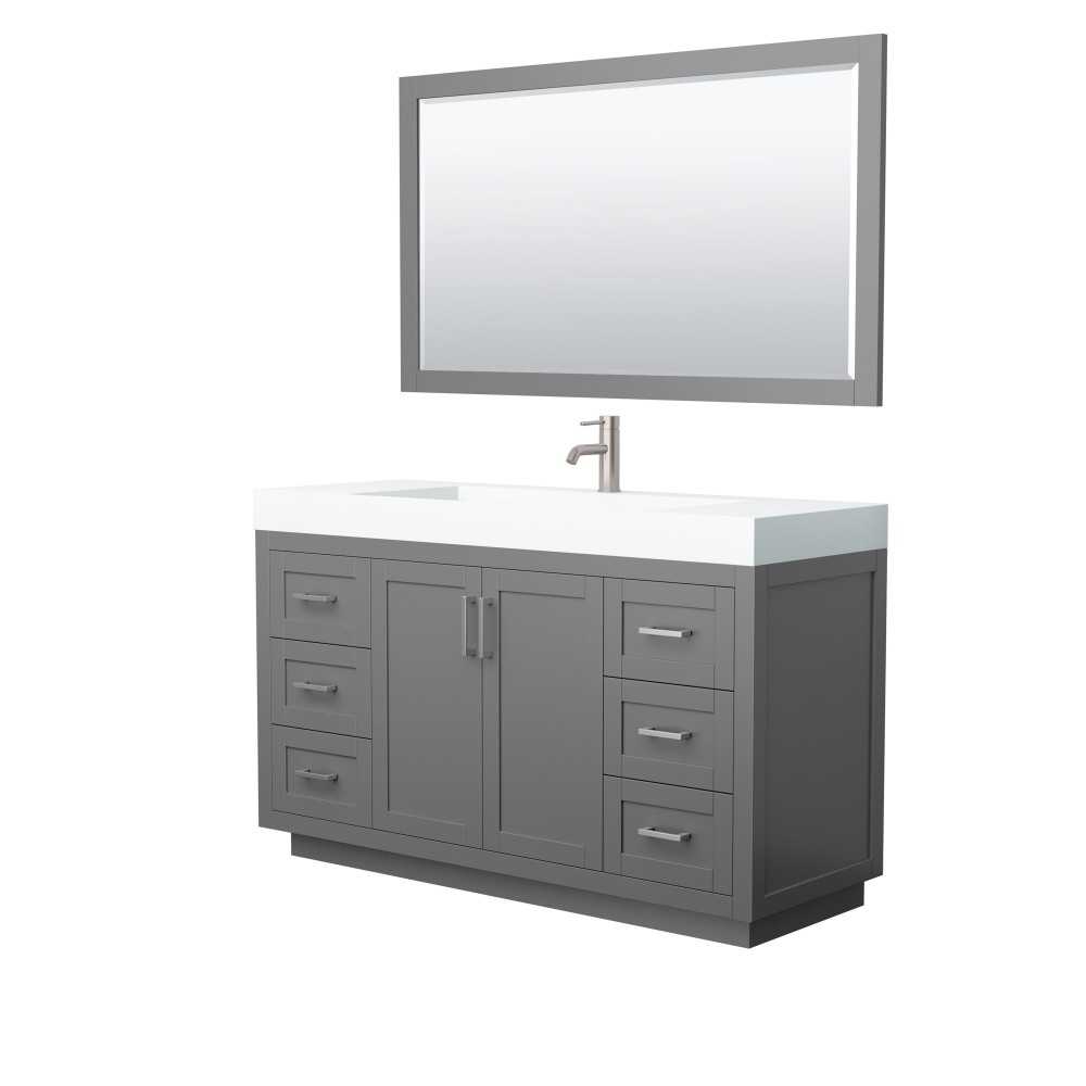 60 Inch Single Bathroom Vanity in Dark Gray, 4 Inch Thick White Solid Surface Countertop, Sink, Nickel Trim, 58 Inch Mirror