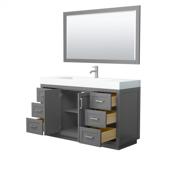 60 Inch Single Bathroom Vanity in Dark Gray, 4 Inch Thick White Solid Surface Countertop, Sink, Nickel Trim, 58 Inch Mirror