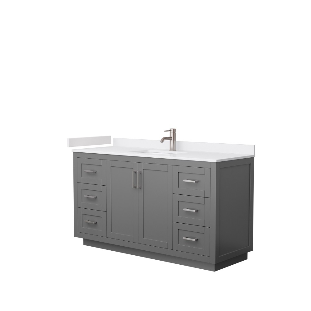 60 Inch Single Bathroom Vanity in Dark Gray, White Cultured Marble Countertop, Sink, Nickel Trim