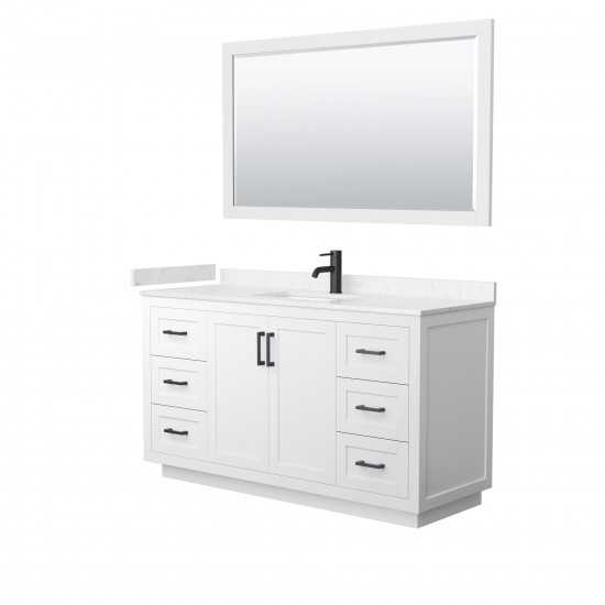 60 Inch Single Bathroom Vanity in White, Light-Vein Carrara Cultured Marble Countertop, Sink, Black Trim, 58 Inch Mirror