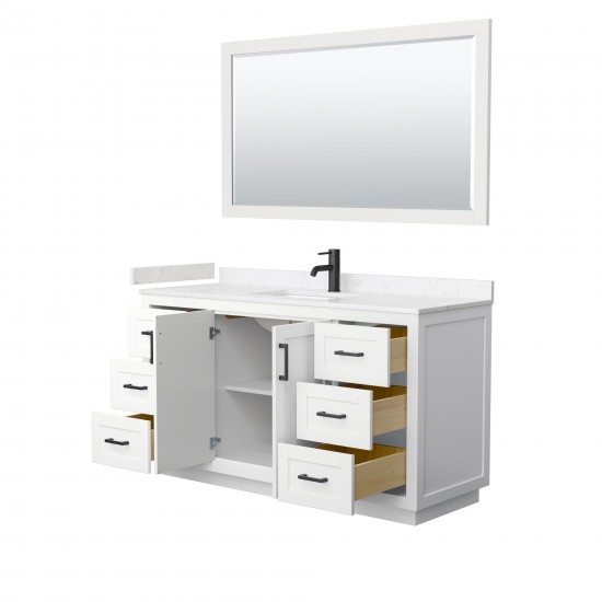 60 Inch Single Bathroom Vanity in White, Light-Vein Carrara Cultured Marble Countertop, Sink, Black Trim, 58 Inch Mirror