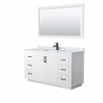 60 Inch Single Bathroom Vanity in White, White Carrara Marble Countertop, Sink, Black Trim, 58 Inch Mirror