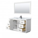 60 Inch Single Bathroom Vanity in White, White Carrara Marble Countertop, Sink, Black Trim, 58 Inch Mirror