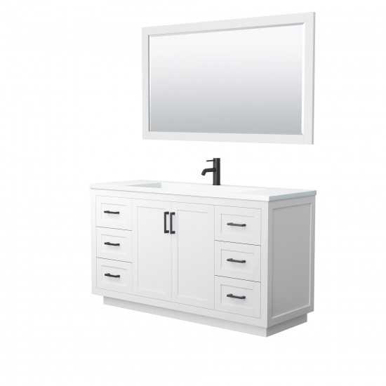 60 Inch Single Bathroom Vanity in White, 1.25 Inch Thick White Solid Surface Countertop, Sink, Black Trim, 58 Inch Mirror