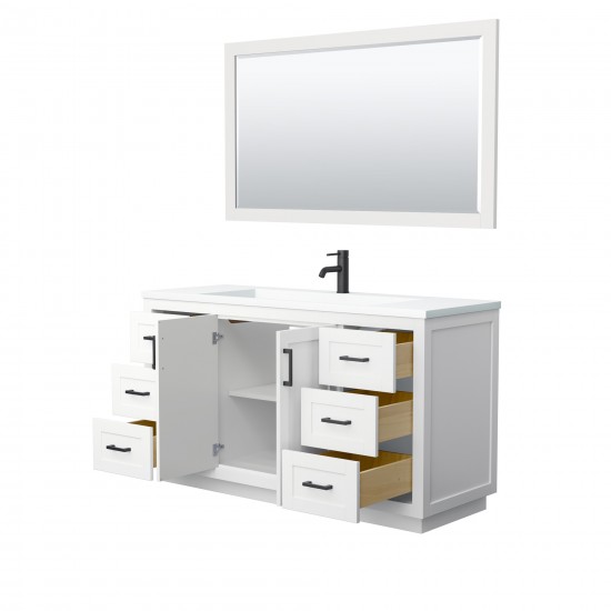 60 Inch Single Bathroom Vanity in White, 1.25 Inch Thick White Solid Surface Countertop, Sink, Black Trim, 58 Inch Mirror