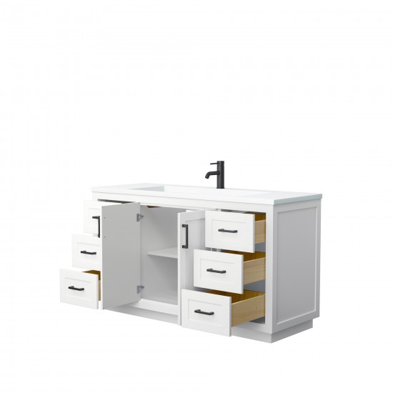 60 Inch Single Bathroom Vanity in White, 1.25 Inch Thick White Solid Surface Countertop, Sink, Black Trim