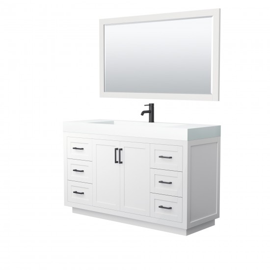 60 Inch Single Bathroom Vanity in White, 4 Inch Thick White Solid Surface Countertop, Sink, Black Trim, 58 Inch Mirror