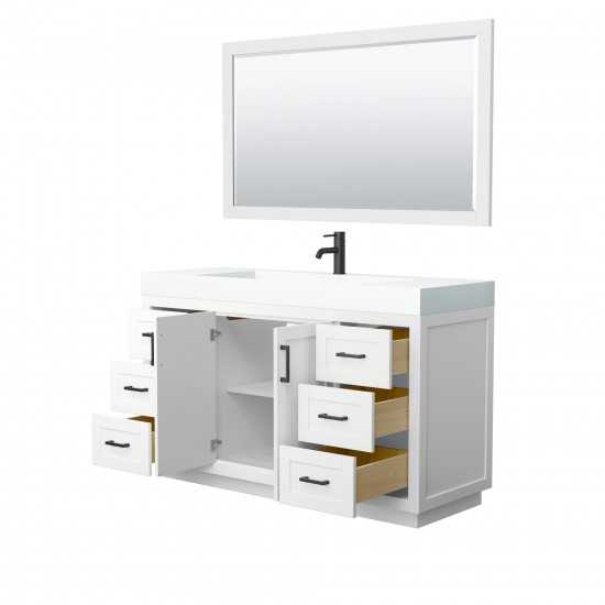 60 Inch Single Bathroom Vanity in White, 4 Inch Thick White Solid Surface Countertop, Sink, Black Trim, 58 Inch Mirror