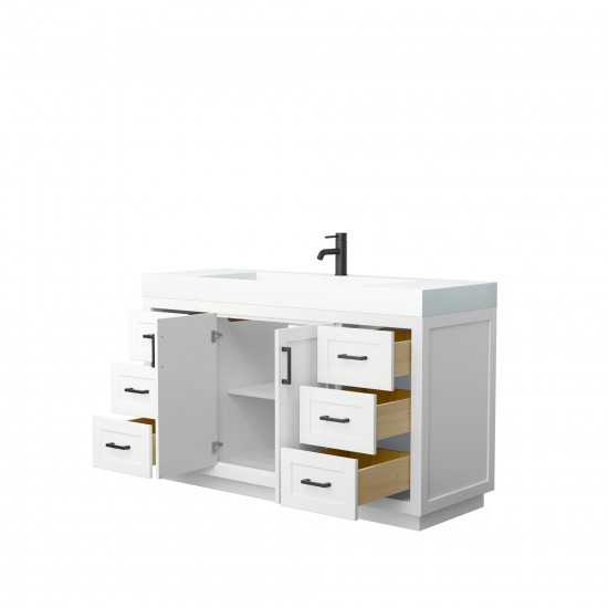 60 Inch Single Bathroom Vanity in White, 4 Inch Thick White Solid Surface Countertop, Sink, Black Trim