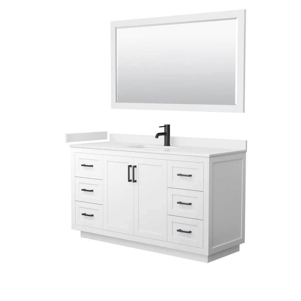 60 Inch Single Bathroom Vanity in White, White Cultured Marble Countertop, Sink, Black Trim, 58 Inch Mirror