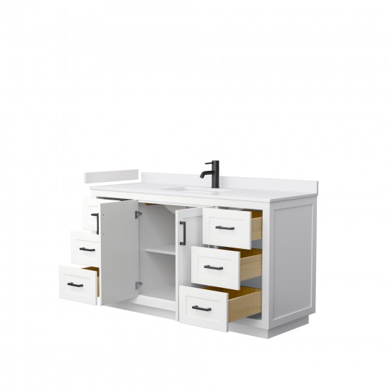 60 Inch Single Bathroom Vanity in White, White Cultured Marble Countertop, Sink, Black Trim