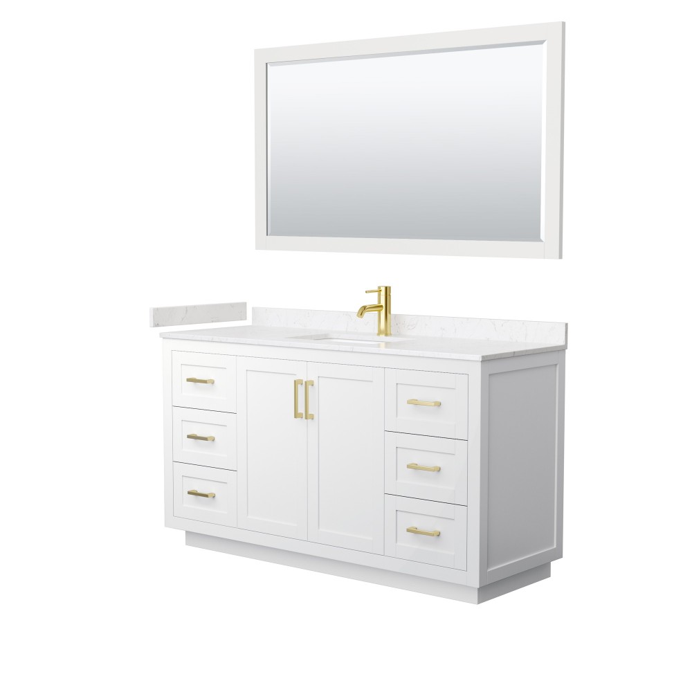 60 Inch Single Bathroom Vanity in White, Light-Vein Carrara Cultured Marble Countertop, Sink, Gold Trim, 58 Inch Mirror