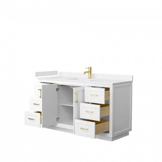 60 Inch Single Bathroom Vanity in White, Light-Vein Carrara Cultured Marble Countertop, Sink, Gold Trim