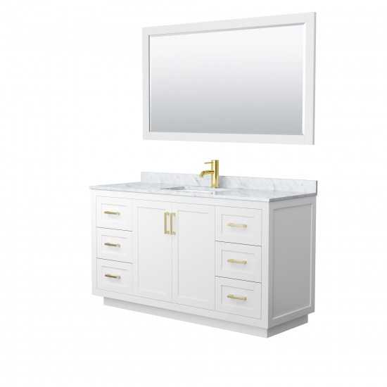 60 Inch Single Bathroom Vanity in White, White Carrara Marble Countertop, Sink, Gold Trim, 58 Inch Mirror