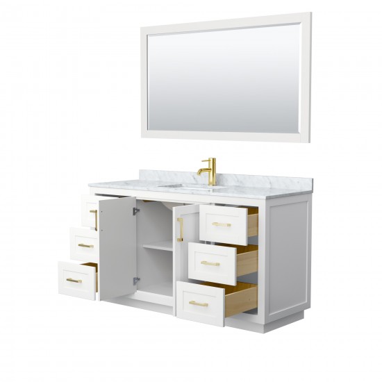 60 Inch Single Bathroom Vanity in White, White Carrara Marble Countertop, Sink, Gold Trim, 58 Inch Mirror