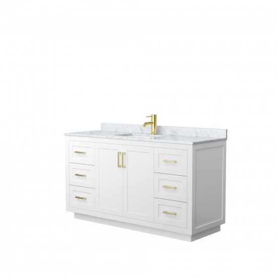 60 Inch Single Bathroom Vanity in White, White Carrara Marble Countertop, Sink, Gold Trim