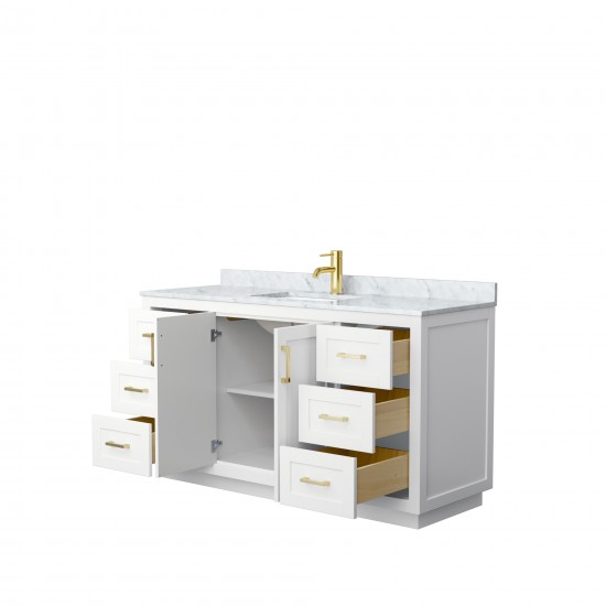 60 Inch Single Bathroom Vanity in White, White Carrara Marble Countertop, Sink, Gold Trim