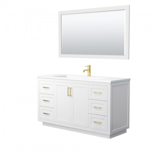 60 Inch Single Bathroom Vanity in White, 1.25 Inch Thick White Solid Surface Countertop, Sink, Gold Trim, 58 Inch Mirror