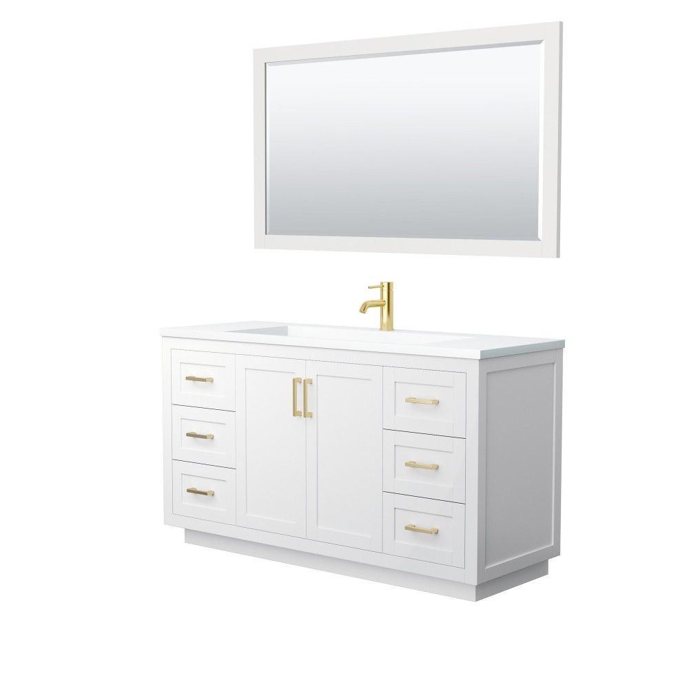 60 Inch Single Bathroom Vanity in White, 1.25 Inch Thick White Solid Surface Countertop, Sink, Gold Trim, 58 Inch Mirror