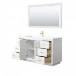 60 Inch Single Bathroom Vanity in White, 1.25 Inch Thick White Solid Surface Countertop, Sink, Gold Trim, 58 Inch Mirror