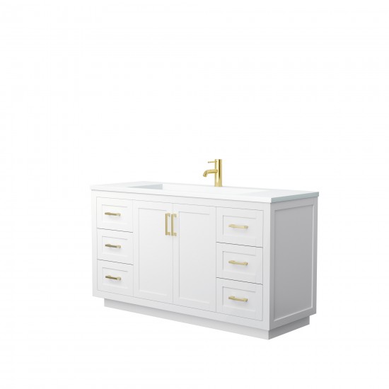 60 Inch Single Bathroom Vanity in White, 1.25 Inch Thick White Solid Surface Countertop, Sink, Gold Trim