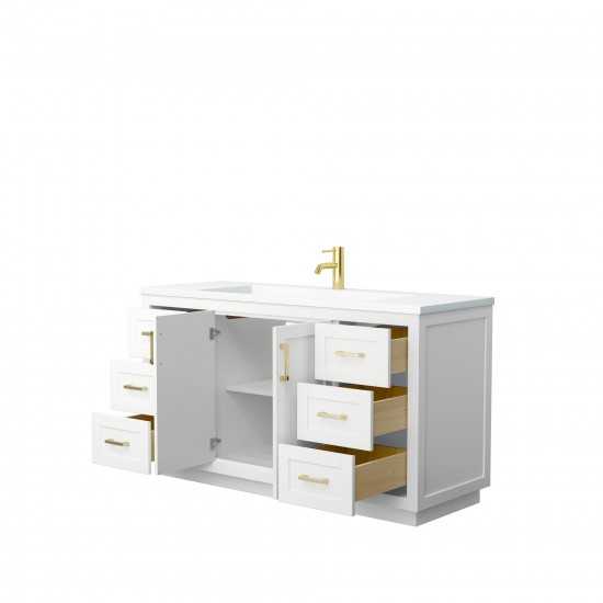 60 Inch Single Bathroom Vanity in White, 1.25 Inch Thick White Solid Surface Countertop, Sink, Gold Trim