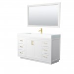 60 Inch Single Bathroom Vanity in White, 4 Inch Thick White Solid Surface Countertop, Sink, Gold Trim, 58 Inch Mirror